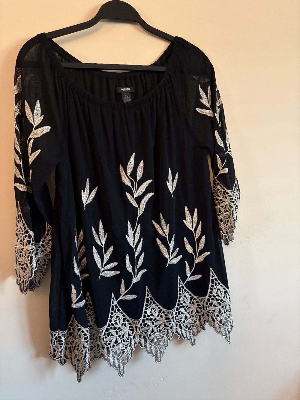 Alfani Black Tunic Top with gold Leaf Embroidery and Lace Hem